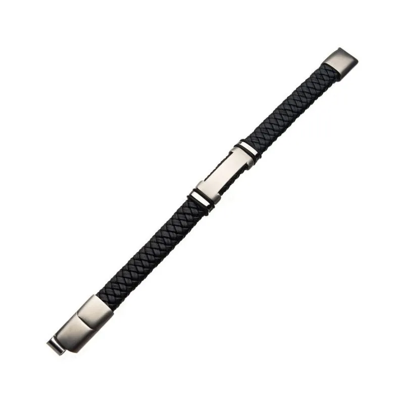 INOX Jewelry Black Leather with Steel ID Bracelet