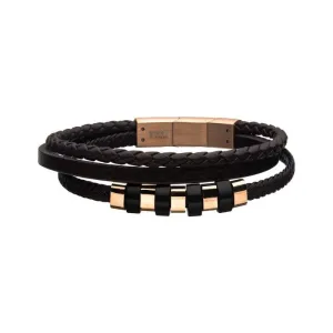 INOX Jewelry Brown Braided Multi Leather with Steel & Rose Gold IP Beads Bracelet