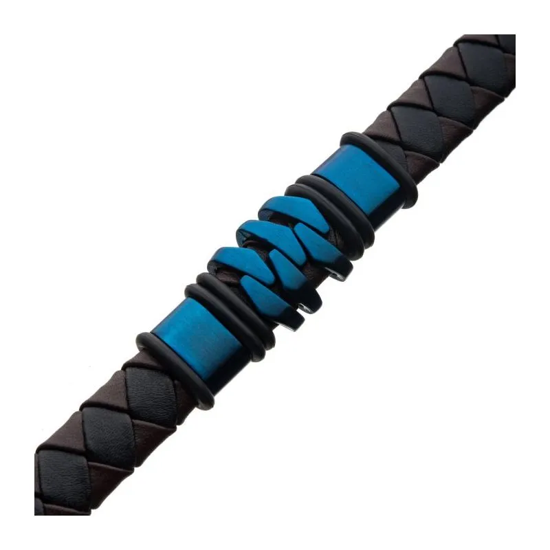 INOX Jewelry Steel & Blue IP Brown Leather Bohemian Bracelet