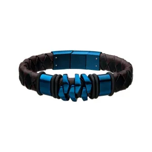 INOX Jewelry Steel & Blue IP Brown Leather Bohemian Bracelet
