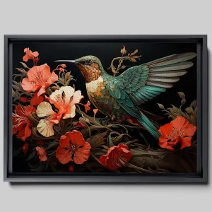 Intricate Pen Illustration of a Hummingbird on a Black Board, Dark Red and Light Emerald Palette, Canvas Prints, Art Decor
