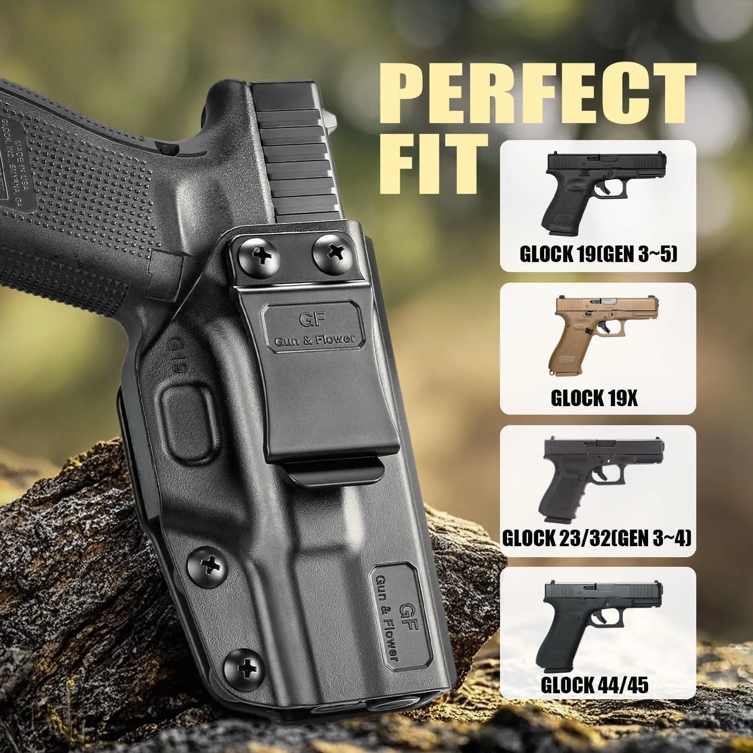 IWB Holster Compatible with Glock 19 Gen 3-5 Glock 23/32 Gen 3-4 Glock 19X/44/45, Inside Waistband Carry Holster Compatible with G19 G19x G23 G32 G45, 9mm Holster, Available in Kydex and Polymer