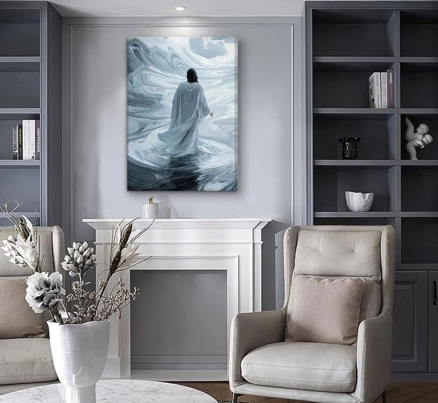 Jesus Christ Walking On Water Canvas Wall Art Mystical Christian Picture Wall Decor Surreal Religious Artworks Poster Print Painting for Living Room Bedroom Church Home Decoration