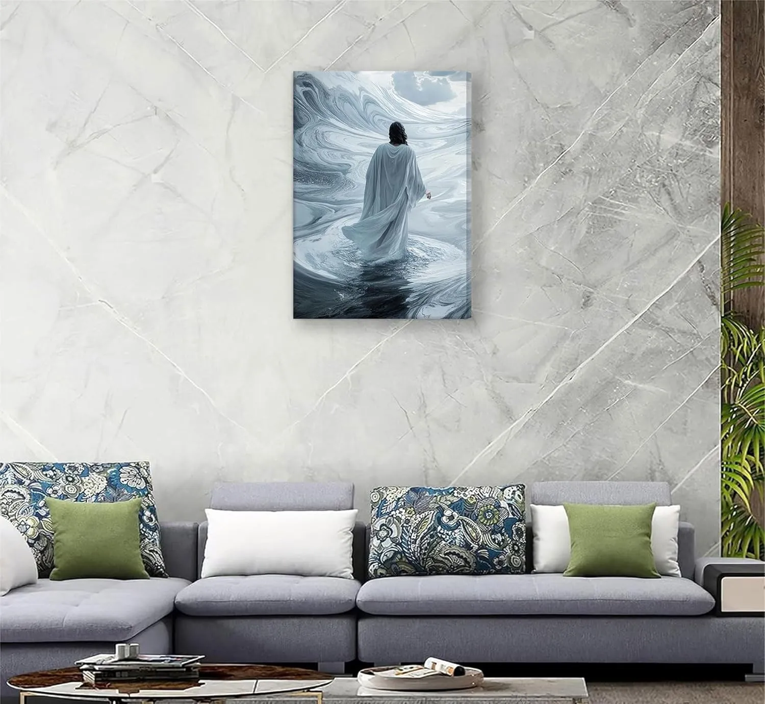 Jesus Christ Walking On Water Canvas Wall Art Mystical Christian Picture Wall Decor Surreal Religious Artworks Poster Print Painting for Living Room Bedroom Church Home Decoration