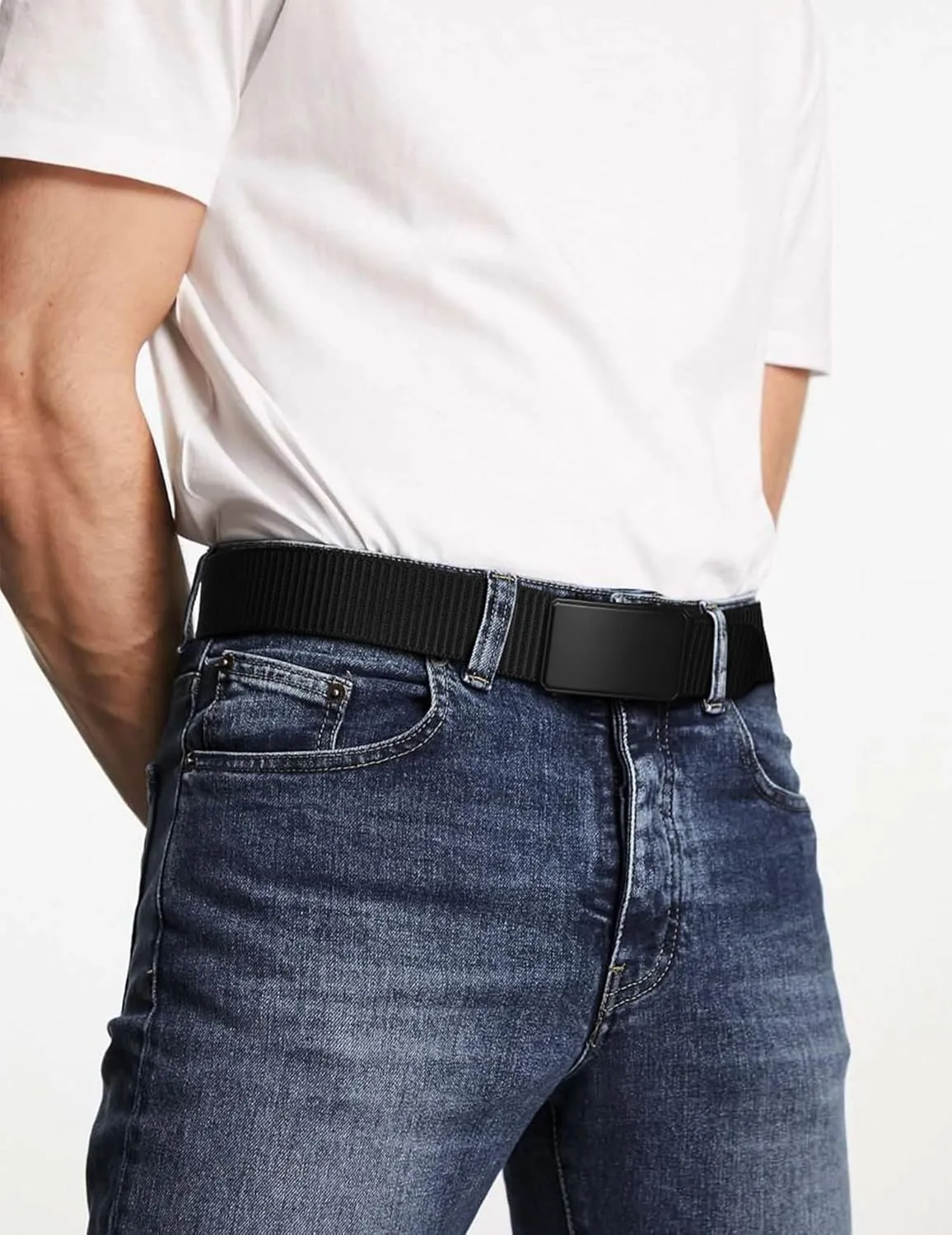 JUKMO Men's 1.5" Nylon Ratchet Belt, Casual Web Click Belt with Slide Buckle for Jeans, No Holes Adjustable Trim to Fit