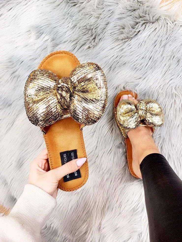 Kensey Metallic Chunky Bow Slip On Sliders