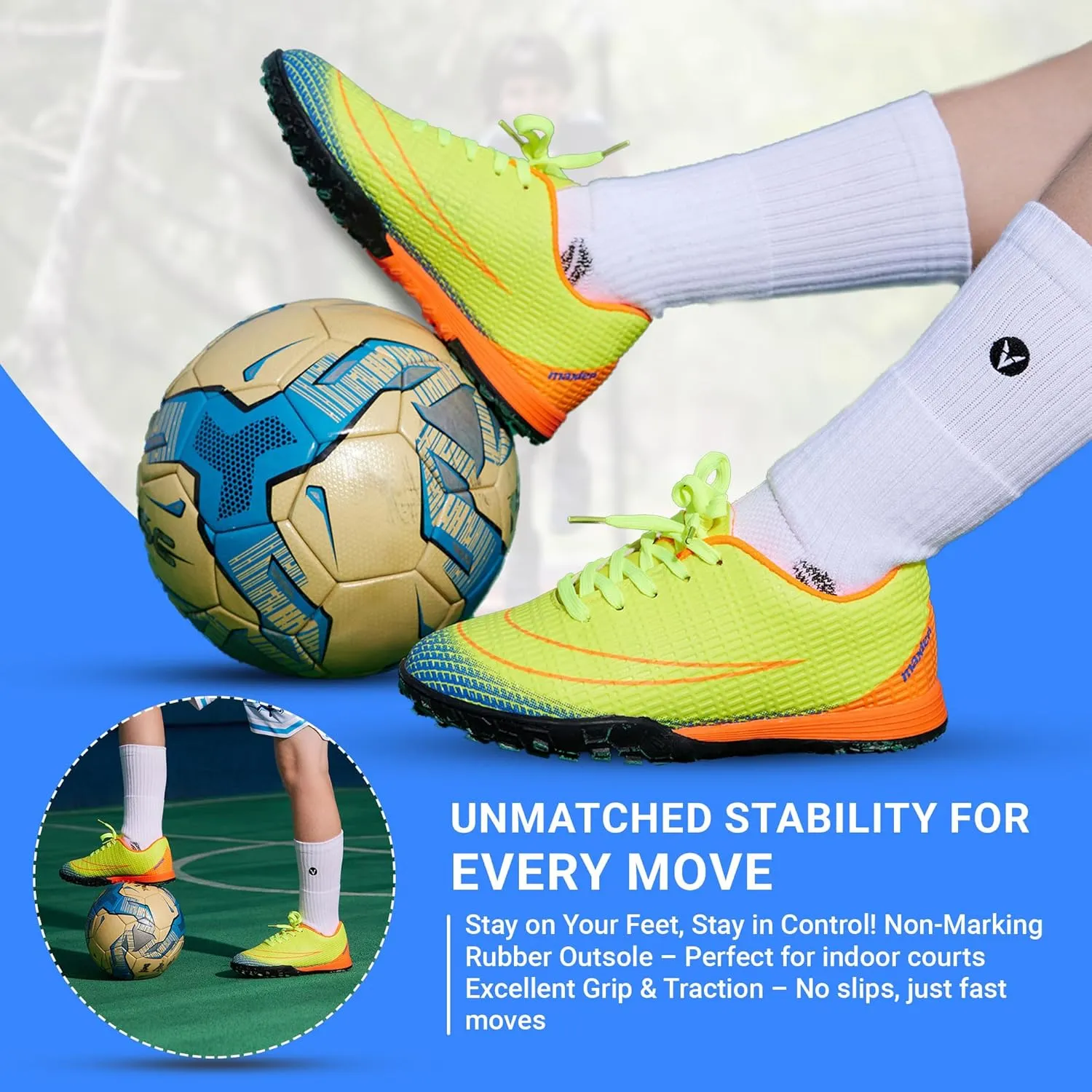 Kids Indoor Soccer Shoes - Non-Slip Lace-Up Cleats for Boys & Girls, Lightweight Athletic Shoes for Indoor Sports