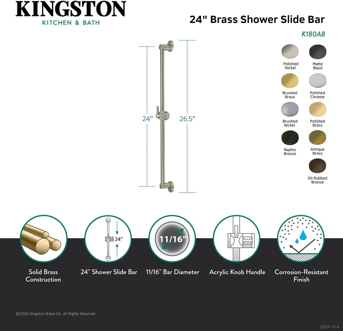 Kingston Brass K180A7 Showerscape Shower Slide Bar, Brushed Brass 26.5 x 1.94 x 1.81
