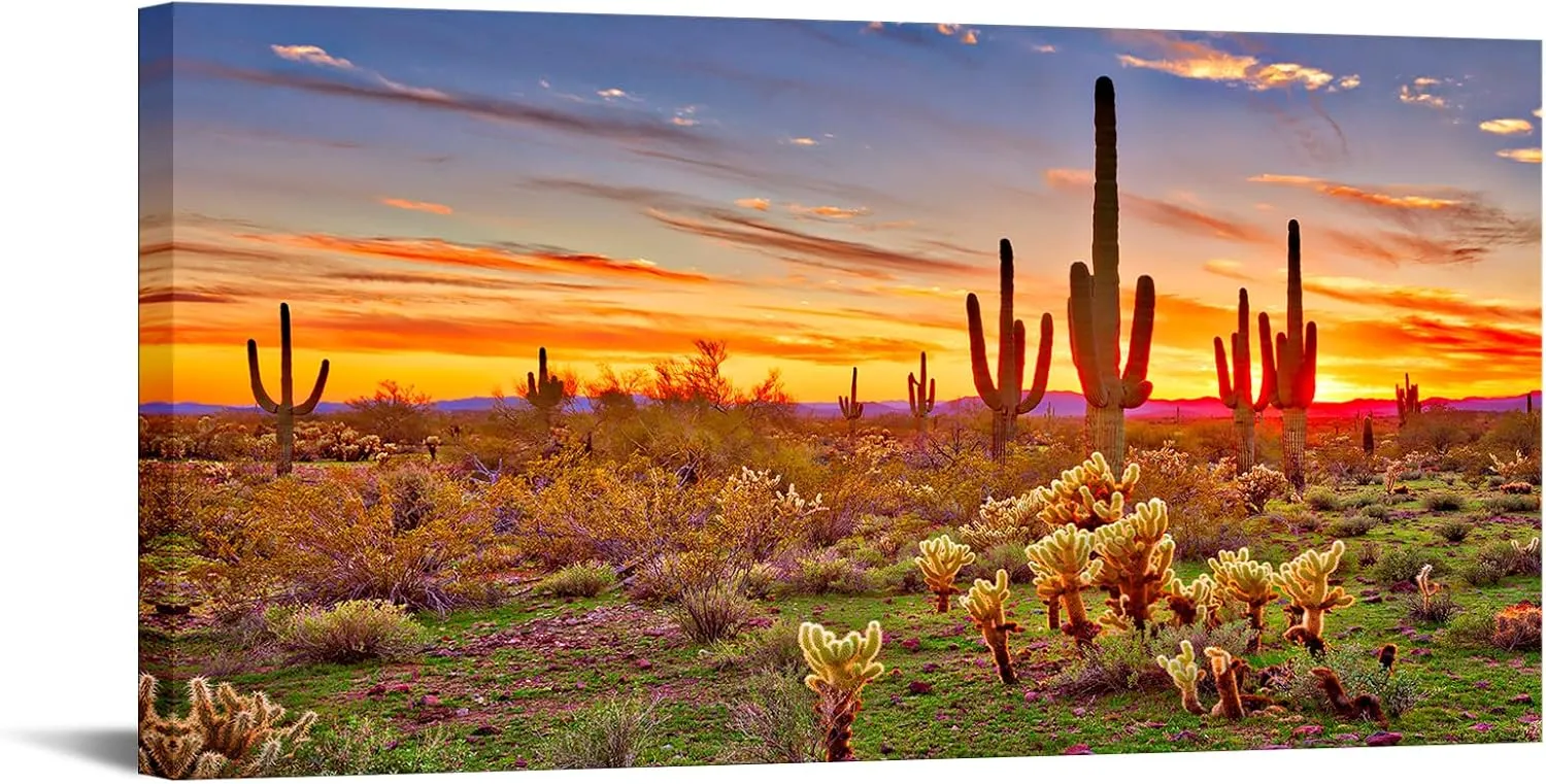KREATIVE ARTS Large Single Piece Canvas Painting North American Sonoran Desert at Sunset Picture Print on Canvas Botanical Cactus Landscape Artwork for Living Room Ready to Hang 20x40inch