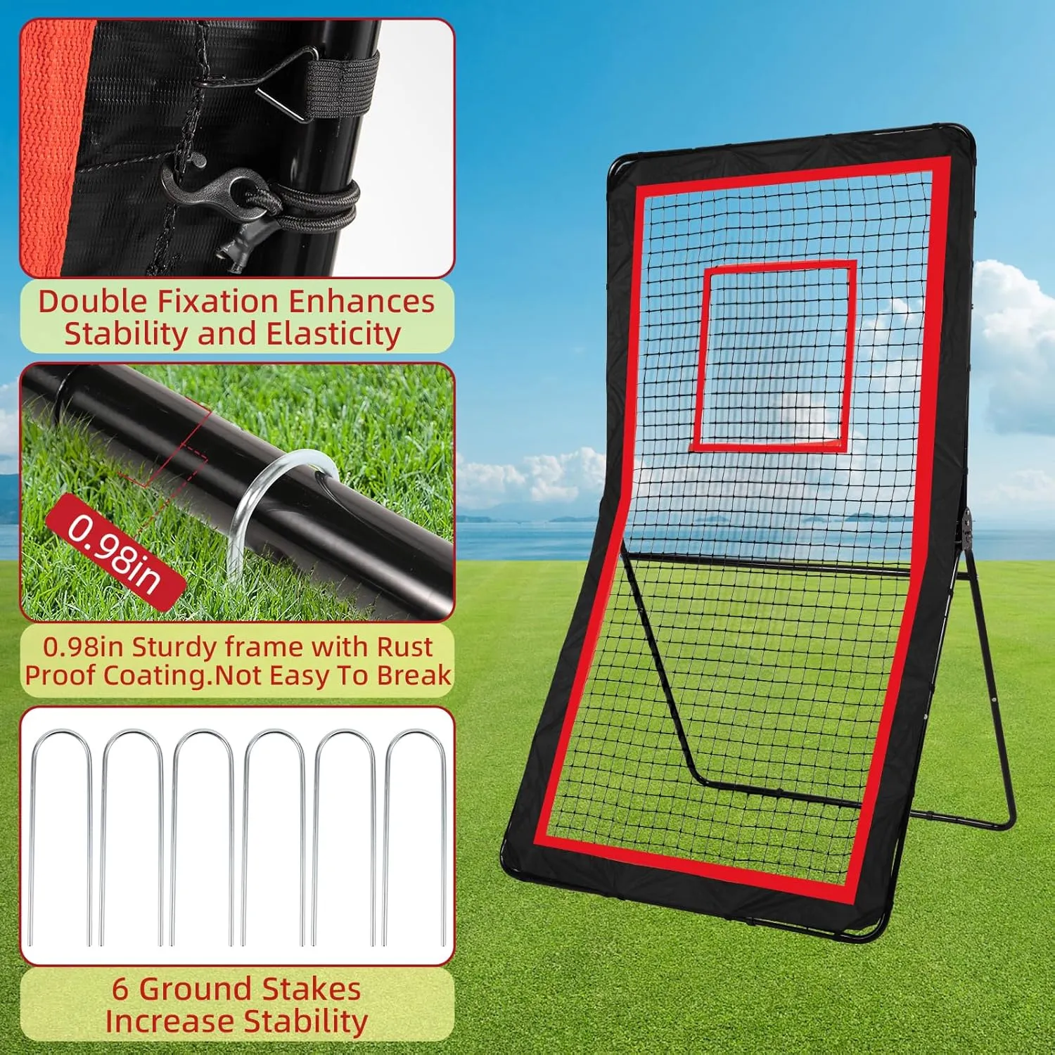 Lacrosse Rebounder,4x7/5x7ft Green/Red Volleyball Rebounder Net with 5 Adjust Angles,1 Carry Bag,Baseball Bounce Back Fix by 6 Ground Stake, Pitch Back for Lacrosse,Volleyball Training