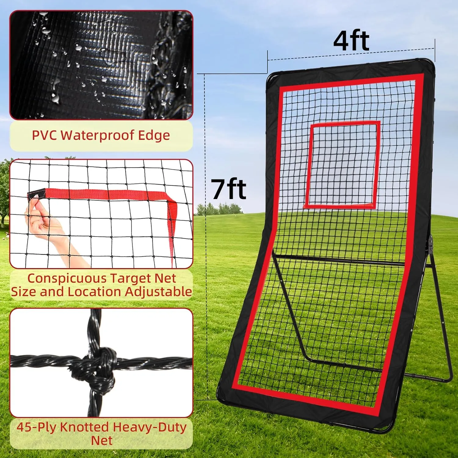 Lacrosse Rebounder,4x7/5x7ft Green/Red Volleyball Rebounder Net with 5 Adjust Angles,1 Carry Bag,Baseball Bounce Back Fix by 6 Ground Stake, Pitch Back for Lacrosse,Volleyball Training