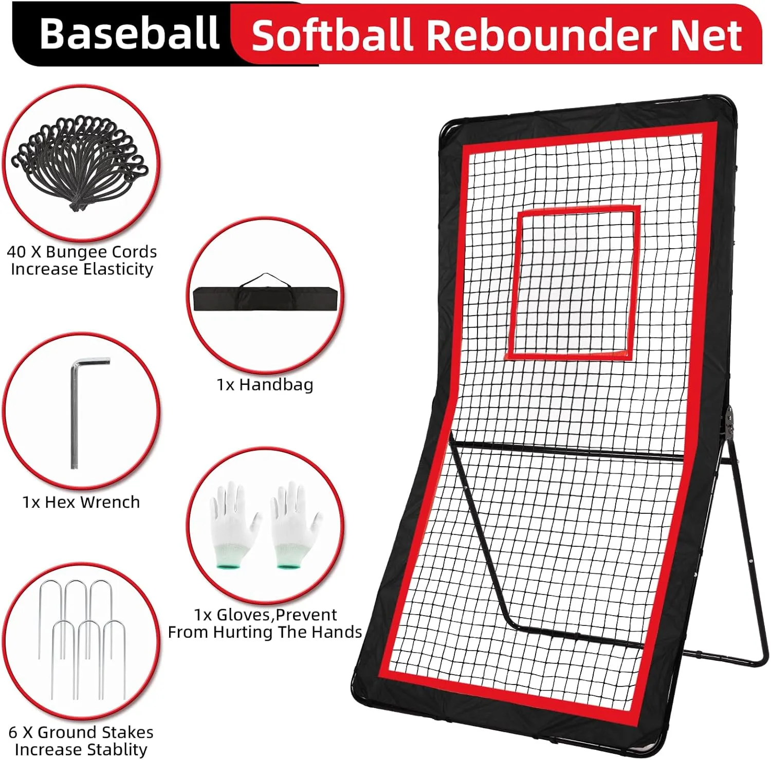 Lacrosse Rebounder,4x7/5x7ft Green/Red Volleyball Rebounder Net with 5 Adjust Angles,1 Carry Bag,Baseball Bounce Back Fix by 6 Ground Stake, Pitch Back for Lacrosse,Volleyball Training