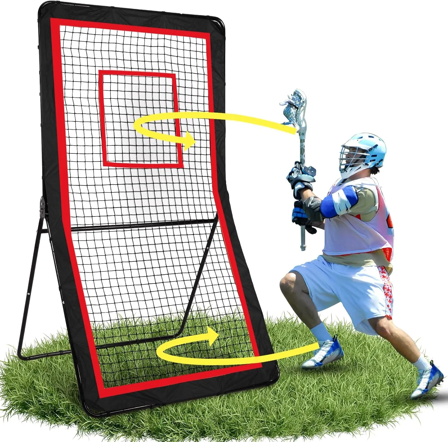 Lacrosse Rebounder,4x7/5x7ft Green/Red Volleyball Rebounder Net with 5 Adjust Angles,1 Carry Bag,Baseball Bounce Back Fix by 6 Ground Stake, Pitch Back for Lacrosse,Volleyball Training