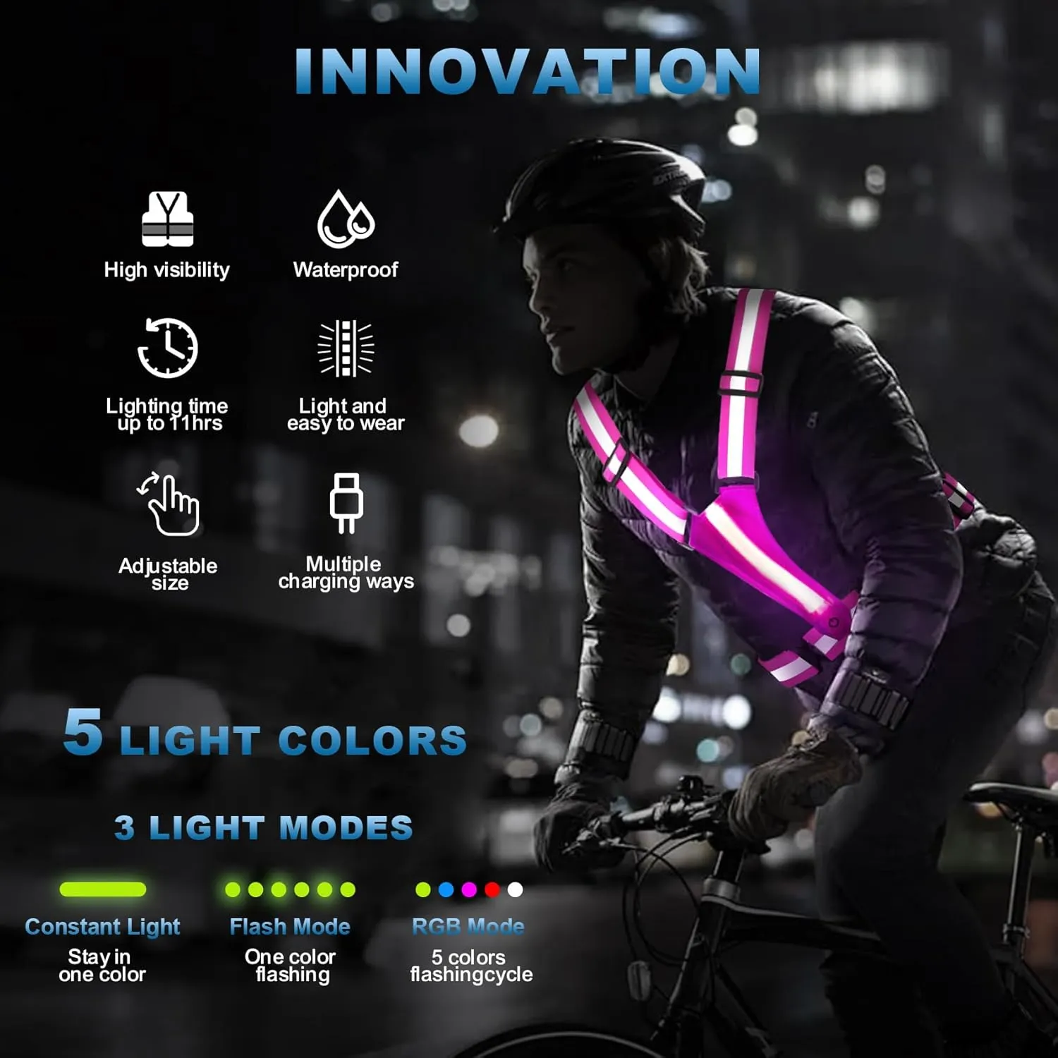 LED Reflective Running Vest Gear, Rechargeable 5 Lights Colors High-Visibility Reflective Running Gear with Adjustable Waist/Shoulder for Men Women Kids Night Running Cycling Walking Dogs