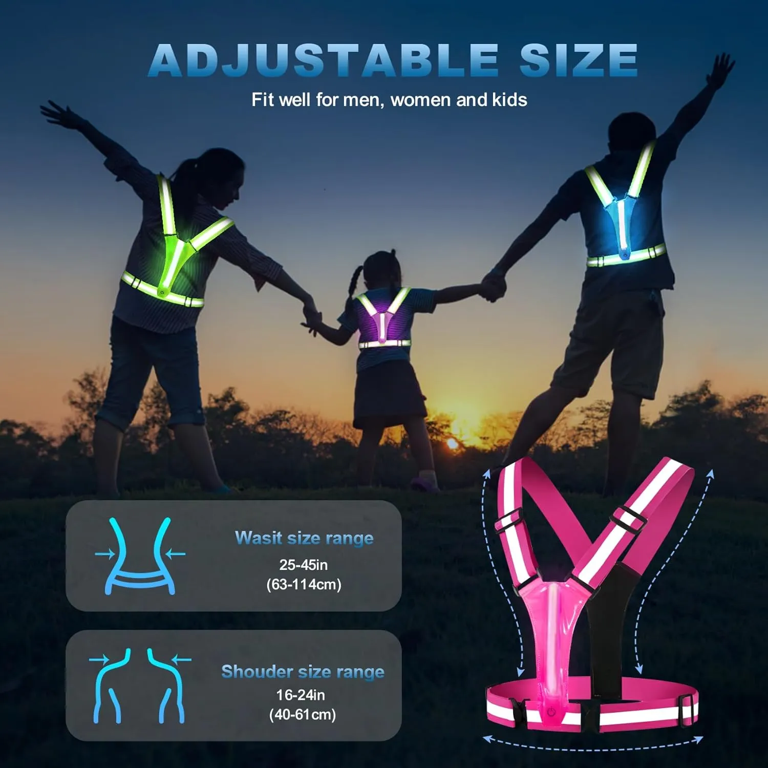 LED Reflective Running Vest Gear, Rechargeable 5 Lights Colors High-Visibility Reflective Running Gear with Adjustable Waist/Shoulder for Men Women Kids Night Running Cycling Walking Dogs