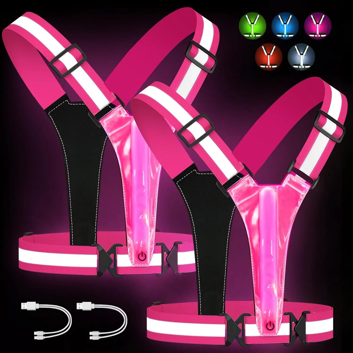 LED Reflective Running Vest Gear, Rechargeable 5 Lights Colors High-Visibility Reflective Running Gear with Adjustable Waist/Shoulder for Men Women Kids Night Running Cycling Walking Dogs