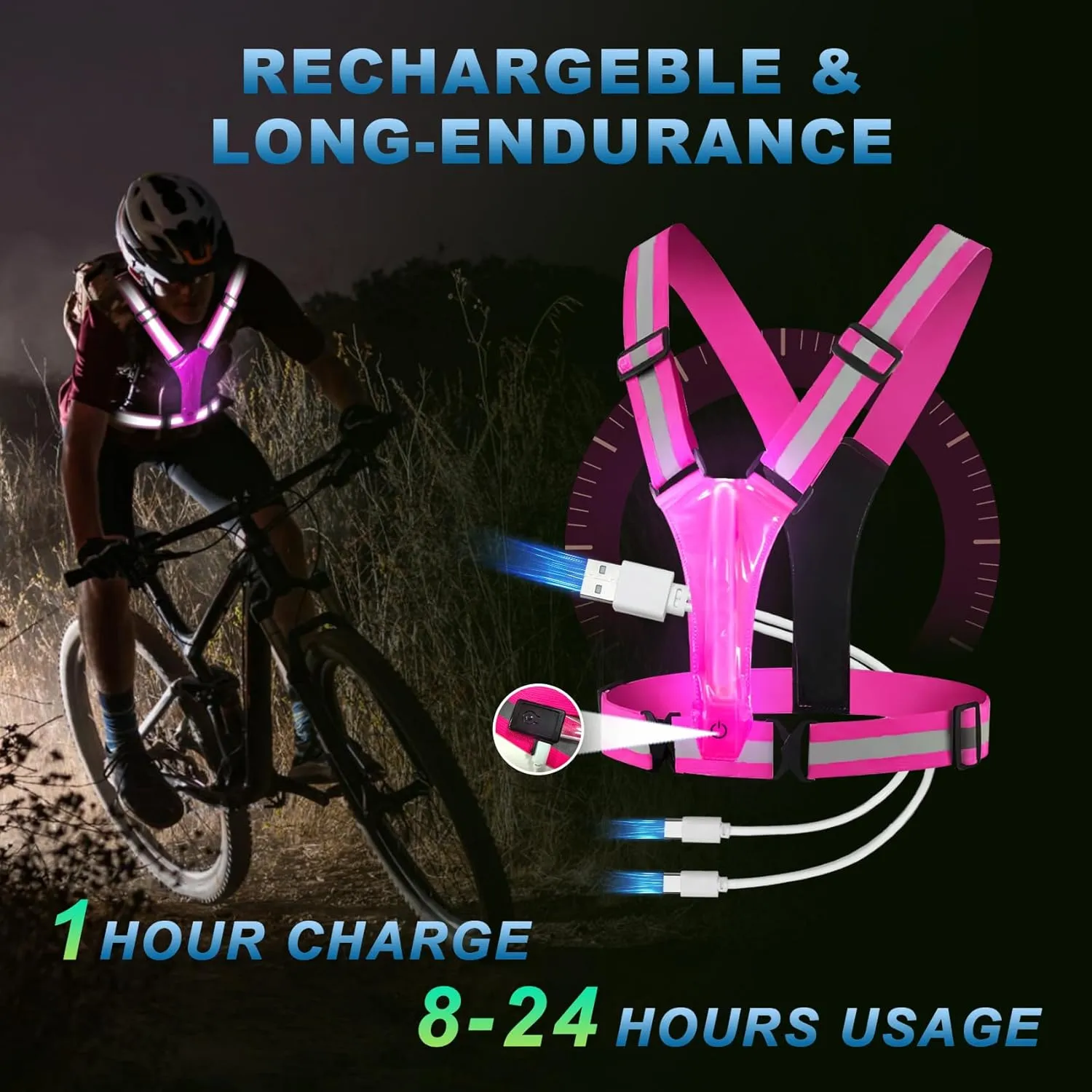 LED Reflective Running Vest Gear, Rechargeable 5 Lights Colors High-Visibility Reflective Running Gear with Adjustable Waist/Shoulder for Men Women Kids Night Running Cycling Walking Dogs