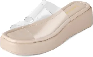 Leevar Nude White Black Platform Wedges Sandals for Women - Soft Memory Foam Padded Backless Slip On Comfy Square Open Toe Mules Summer Casual Flatform Platform Wedge Sandals Slides for Women