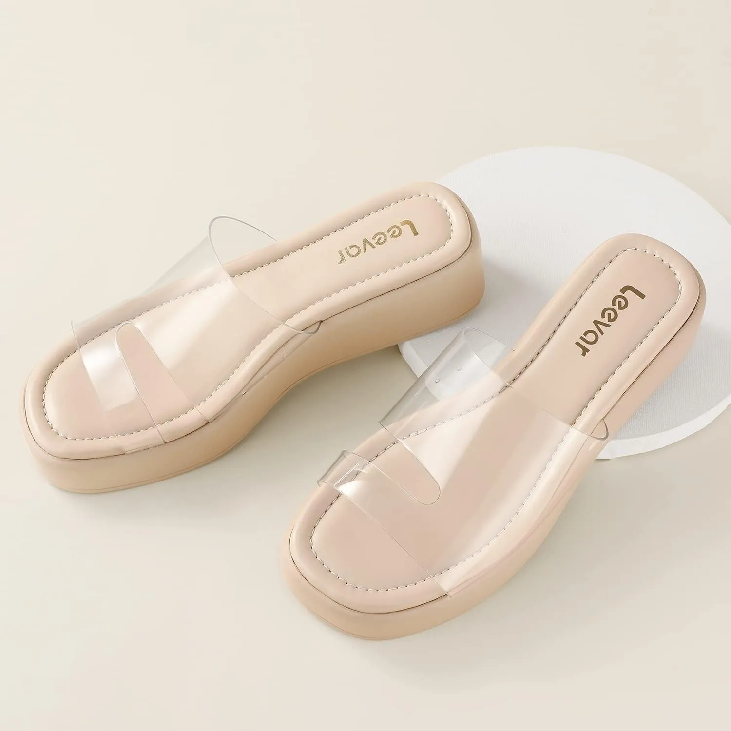 Leevar Nude White Black Platform Wedges Sandals for Women - Soft Memory Foam Padded Backless Slip On Comfy Square Open Toe Mules Summer Casual Flatform Platform Wedge Sandals Slides for Women