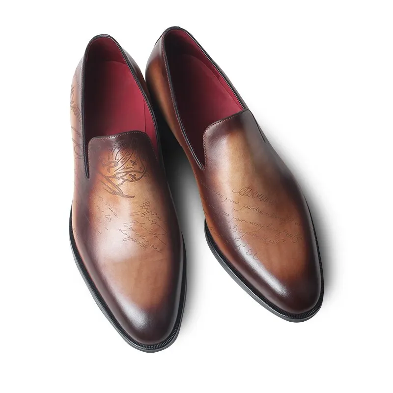 Letter Engraving Loafer Shoes Men's Genuine Leather Slip-On Footwear Patina Brown Casual Driving Shoe Male Luxury Zapato
