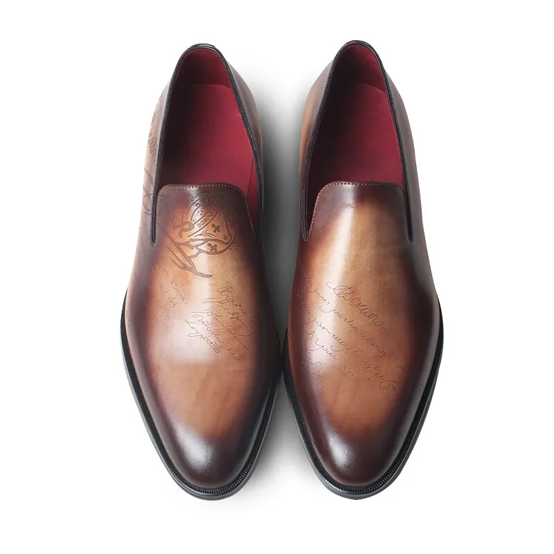 Letter Engraving Loafer Shoes Men's Genuine Leather Slip-On Footwear Patina Brown Casual Driving Shoe Male Luxury Zapato