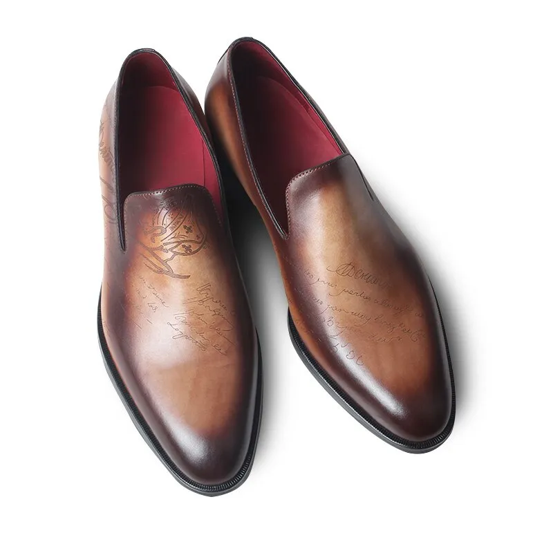 Letter Engraving Loafer Shoes Men's Genuine Leather Slip-On Footwear Patina Brown Casual Driving Shoe Male Luxury Zapato