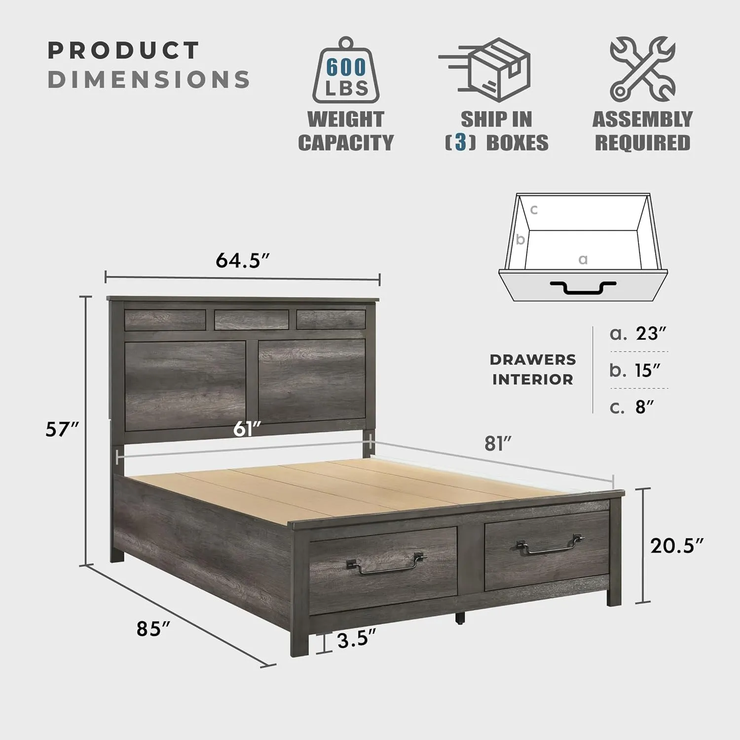 Lexicon Queen Bed Frame with Headboard, Modern Bed Frame, Wood Platform Bed with Footboard and Storage Drawers, Bed Panel Base, No Box Spring Needed, Grey