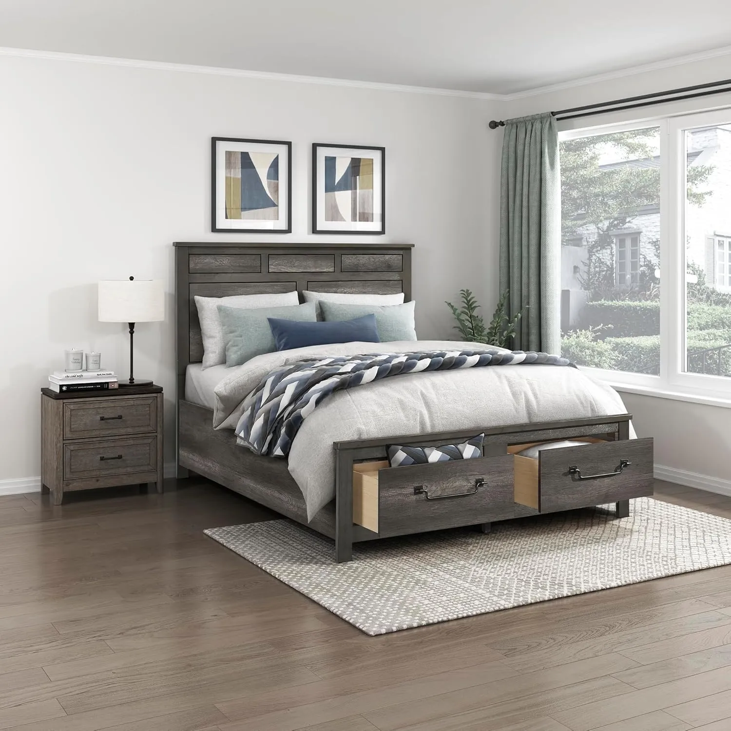 Lexicon Queen Bed Frame with Headboard, Modern Bed Frame, Wood Platform Bed with Footboard and Storage Drawers, Bed Panel Base, No Box Spring Needed, Grey