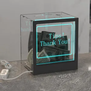 Light Up Tip Jar with Large Opening, RGB LED Lights for Tip Collection & Donations, Customizable Message Slide for Money, Voting, and Ballots, Perfect for Events, Restaurants, and Fundraisers