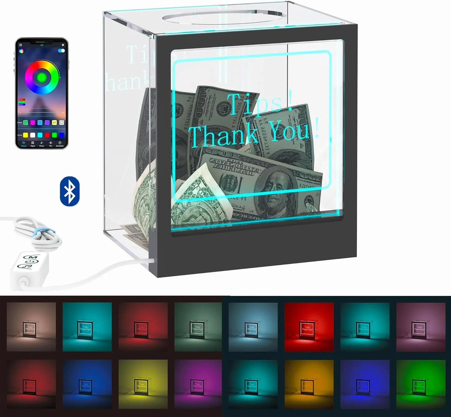 Light Up Tip Jar with Large Opening, RGB LED Lights for Tip Collection & Donations, Customizable Message Slide for Money, Voting, and Ballots, Perfect for Events, Restaurants, and Fundraisers