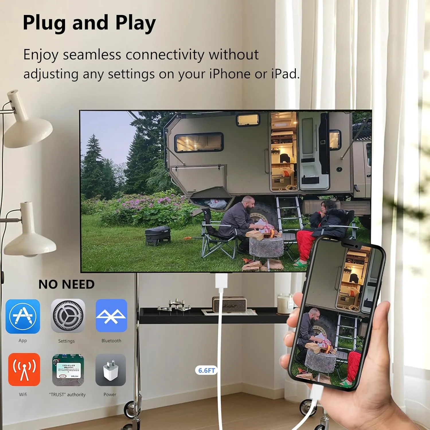 Lightning to HDMI Cable for iPhone Digital AV Adapter 1080P HD Video Sync Screen Connector iPhone to HDMI for TV Projector Monitor 6.6FT