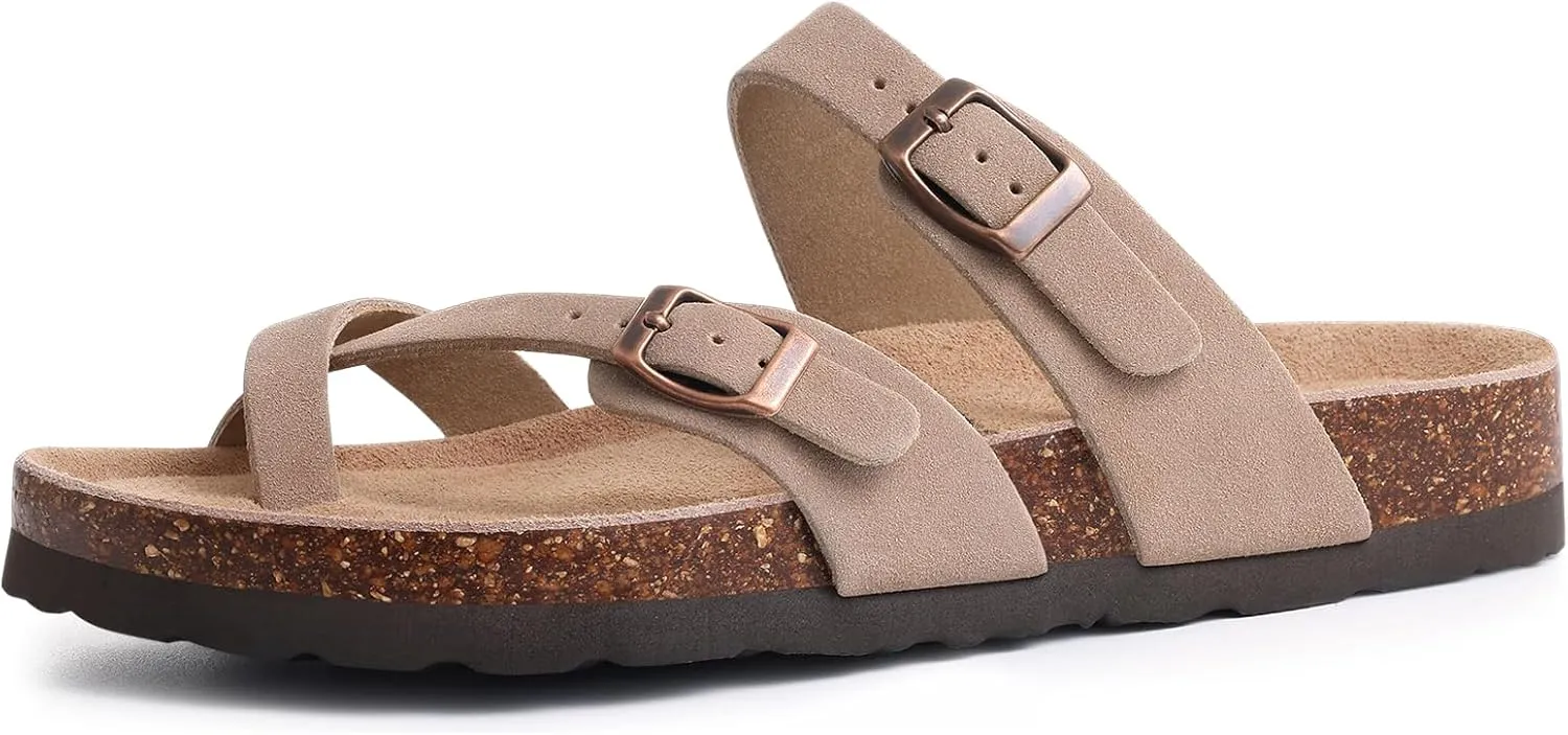 Litfun Women's Genuine Suede Cork Footbed Sandals Comfortable Summer Slides with Adjustable Buckle