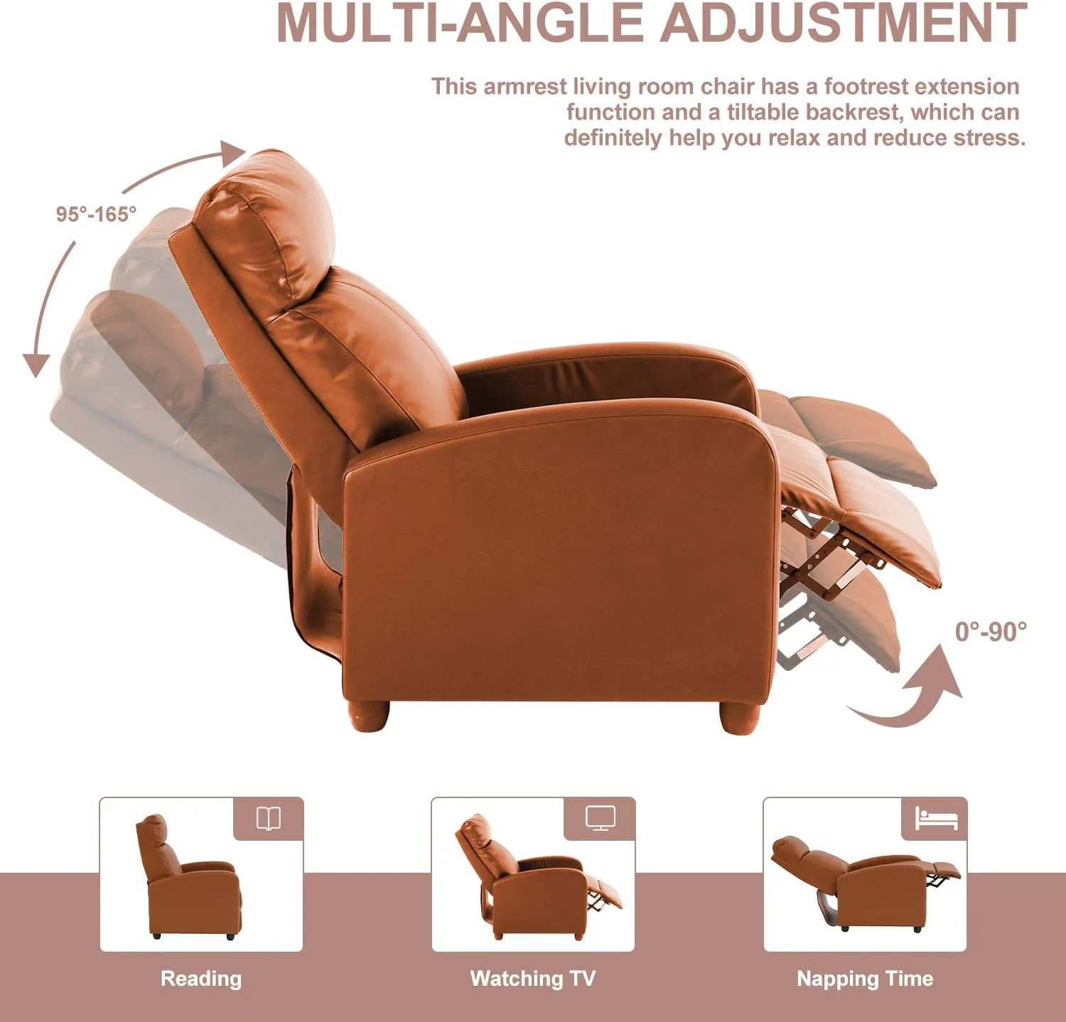 Living Room Recliner Chair Modern Reclining Easy Lounge Winback Single Sofa Reading Chair PU Leather Home Theater Seating Adjustable Accent Armchair w/Thick Seat Cushion & Backrest, Tan