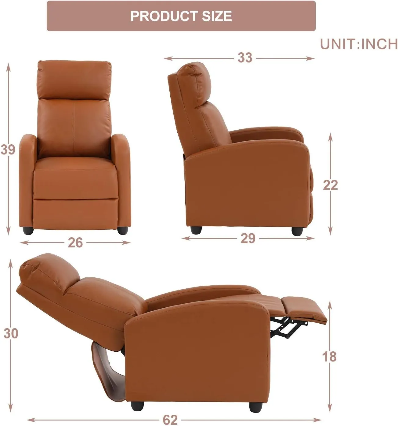 Living Room Recliner Chair Modern Reclining Easy Lounge Winback Single Sofa Reading Chair PU Leather Home Theater Seating Adjustable Accent Armchair w/Thick Seat Cushion & Backrest, Tan