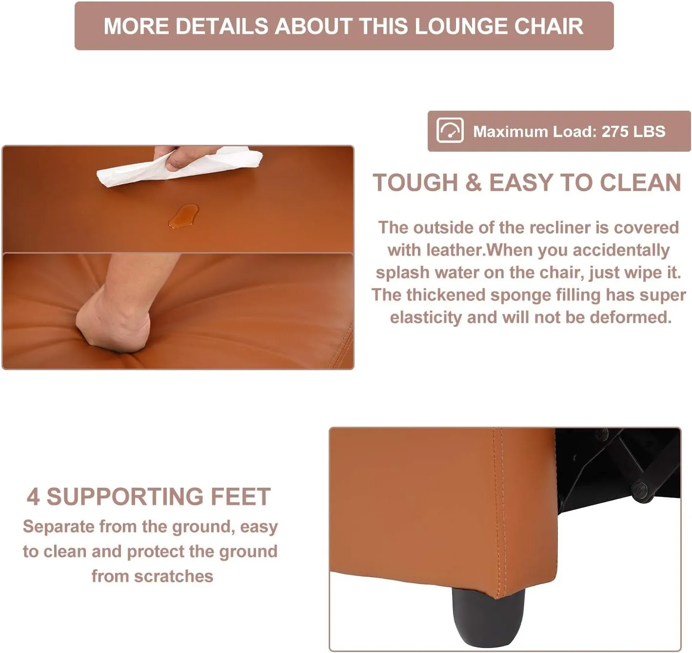 Living Room Recliner Chair Modern Reclining Easy Lounge Winback Single Sofa Reading Chair PU Leather Home Theater Seating Adjustable Accent Armchair w/Thick Seat Cushion & Backrest, Tan