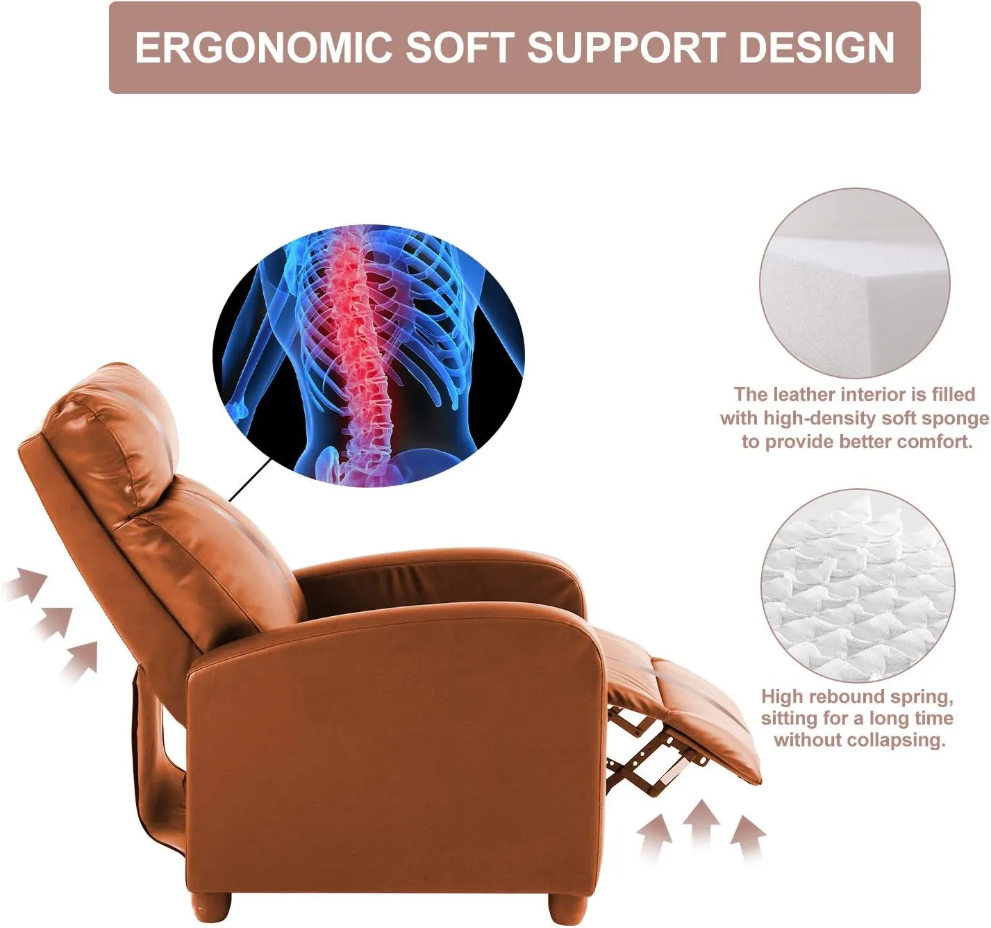 Living Room Recliner Chair Modern Reclining Easy Lounge Winback Single Sofa Reading Chair PU Leather Home Theater Seating Adjustable Accent Armchair w/Thick Seat Cushion & Backrest, Tan