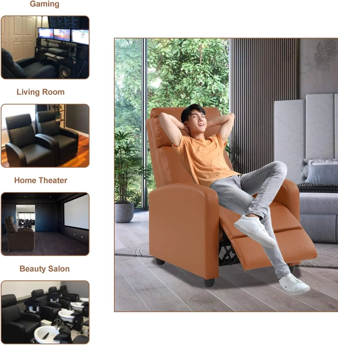 Living Room Recliner Chair Modern Reclining Easy Lounge Winback Single Sofa Reading Chair PU Leather Home Theater Seating Adjustable Accent Armchair w/Thick Seat Cushion & Backrest, Tan