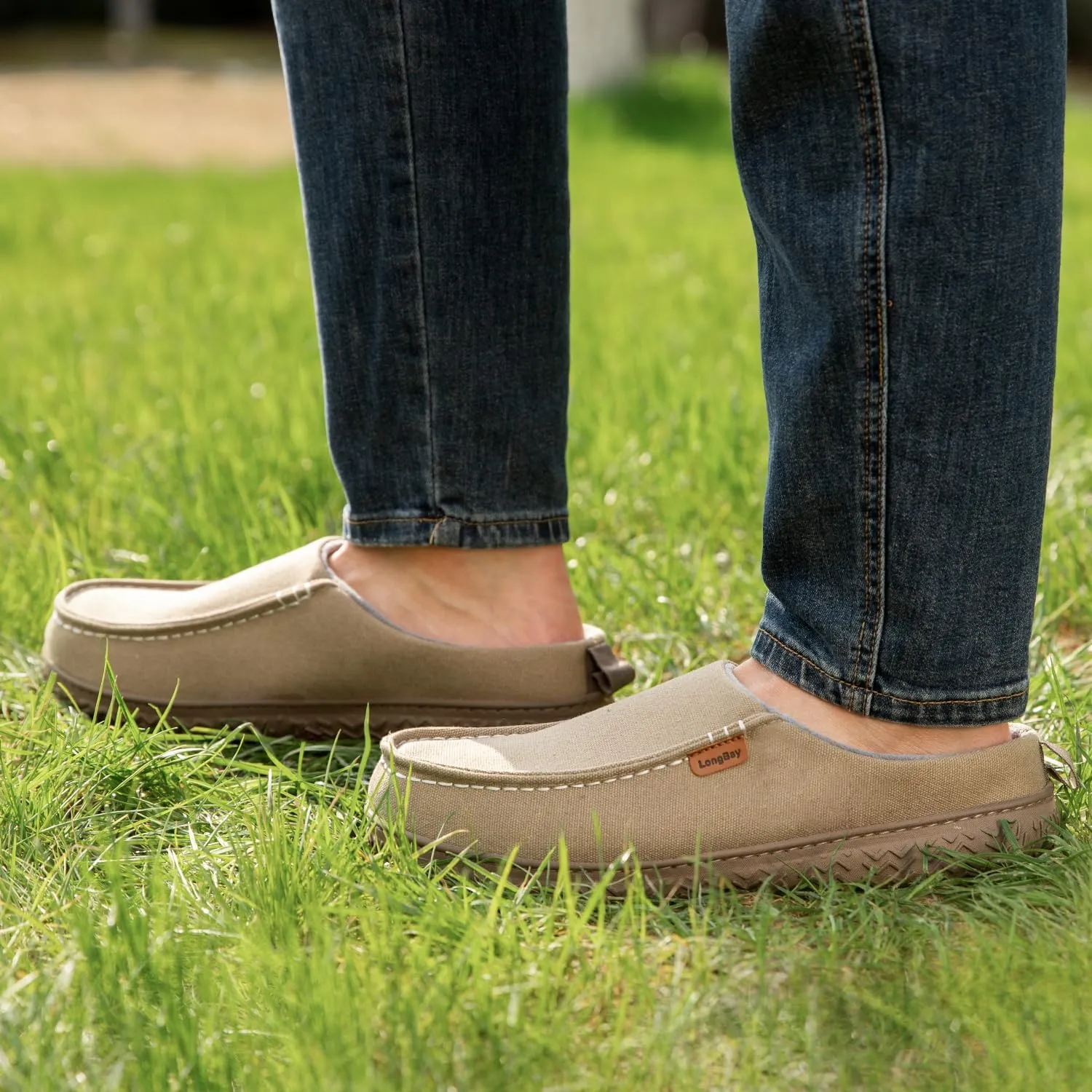 LongBay Men's Canvas Moccasin Slippers Slip on Memory Foam Clog House Shoes for Indoor Outdoor
