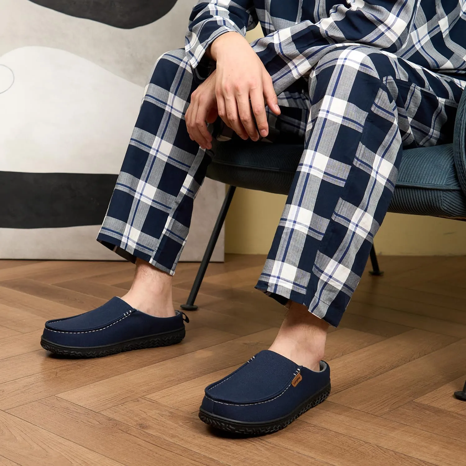 LongBay Men's Canvas Moccasin Slippers Slip on Memory Foam Clog House Shoes for Indoor Outdoor