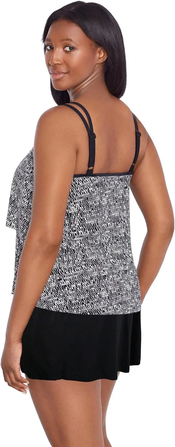 Longitude Women's Swimwear Double Ruffle Faux Skirtini One Piece Swimdress