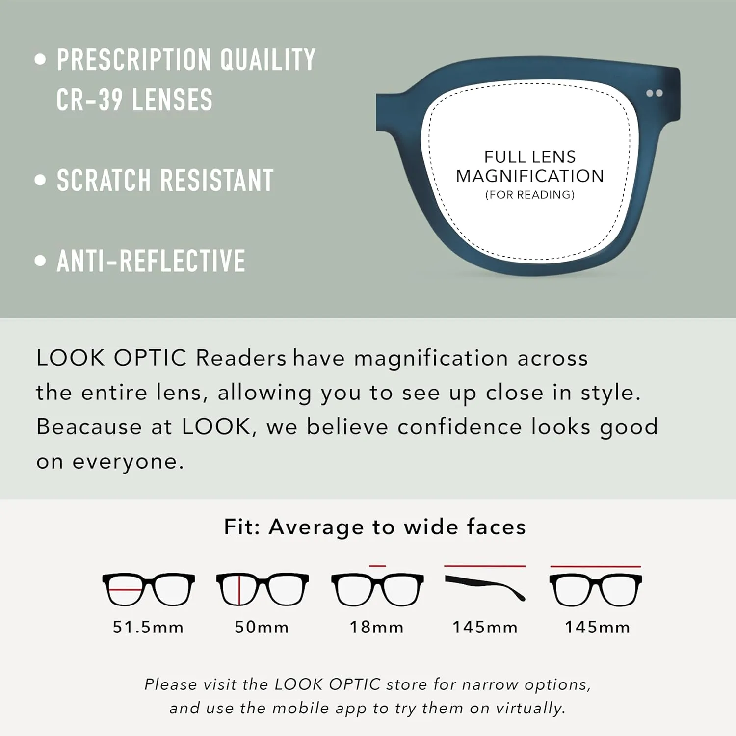 LOOK OPTIC Laurel Reader-Lightweight Full Magnification Reading Glasses with Scratch-Resistant Anti-Reflective Lenses