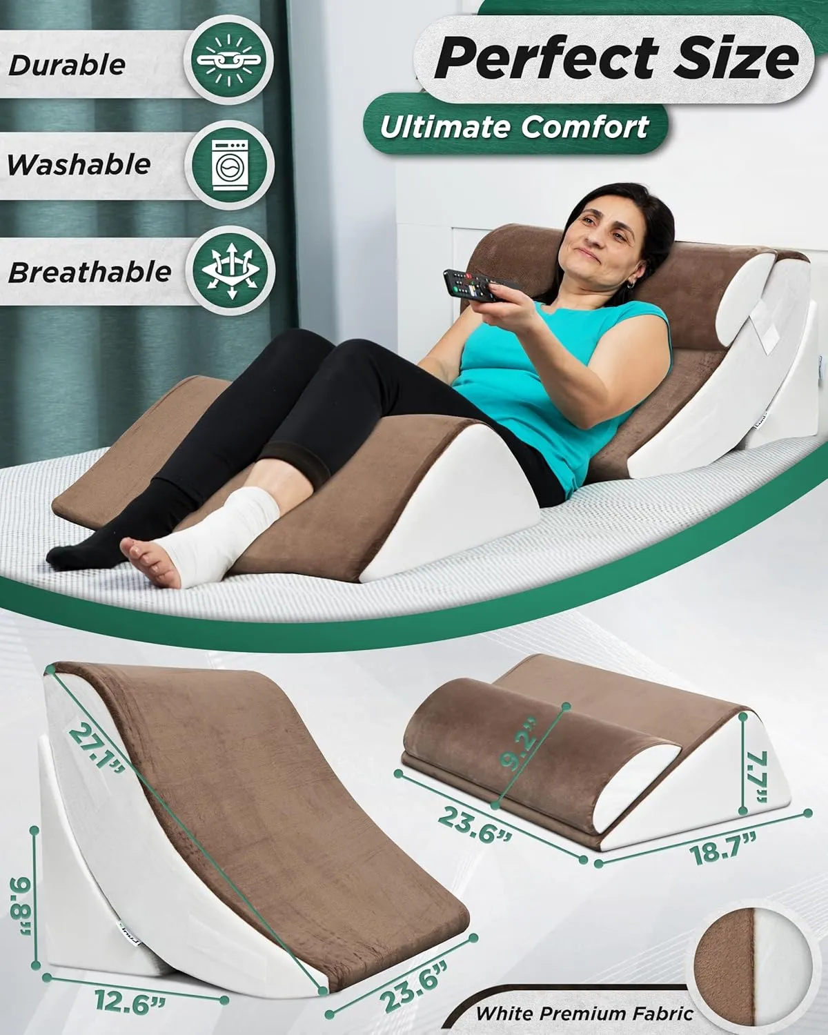 Lunix 4pcs Orthopedic Bed Wedge Pillow Set, Post Surgery Memory Foam for Back, Knee, Leg Pain Relief, Adjustable Sitting Pillow for Sleeping, Acid Reflux, GERD, with Hot Cold Pack, Brown/White
