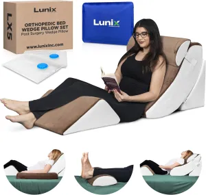 Lunix 4pcs Orthopedic Bed Wedge Pillow Set, Post Surgery Memory Foam for Back, Knee, Leg Pain Relief, Adjustable Sitting Pillow for Sleeping, Acid Reflux, GERD, with Hot Cold Pack, Brown/White