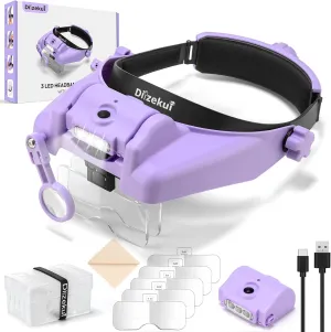 Magnifying Glass with Light, Magnifying Glasses for Close Work 1X-14X, Magnifier Headset with 2pcs Detachable Lights,Upgraded USB C Charge Built-in 500mAh Suit for Crafts Hobbies Cross Stitch