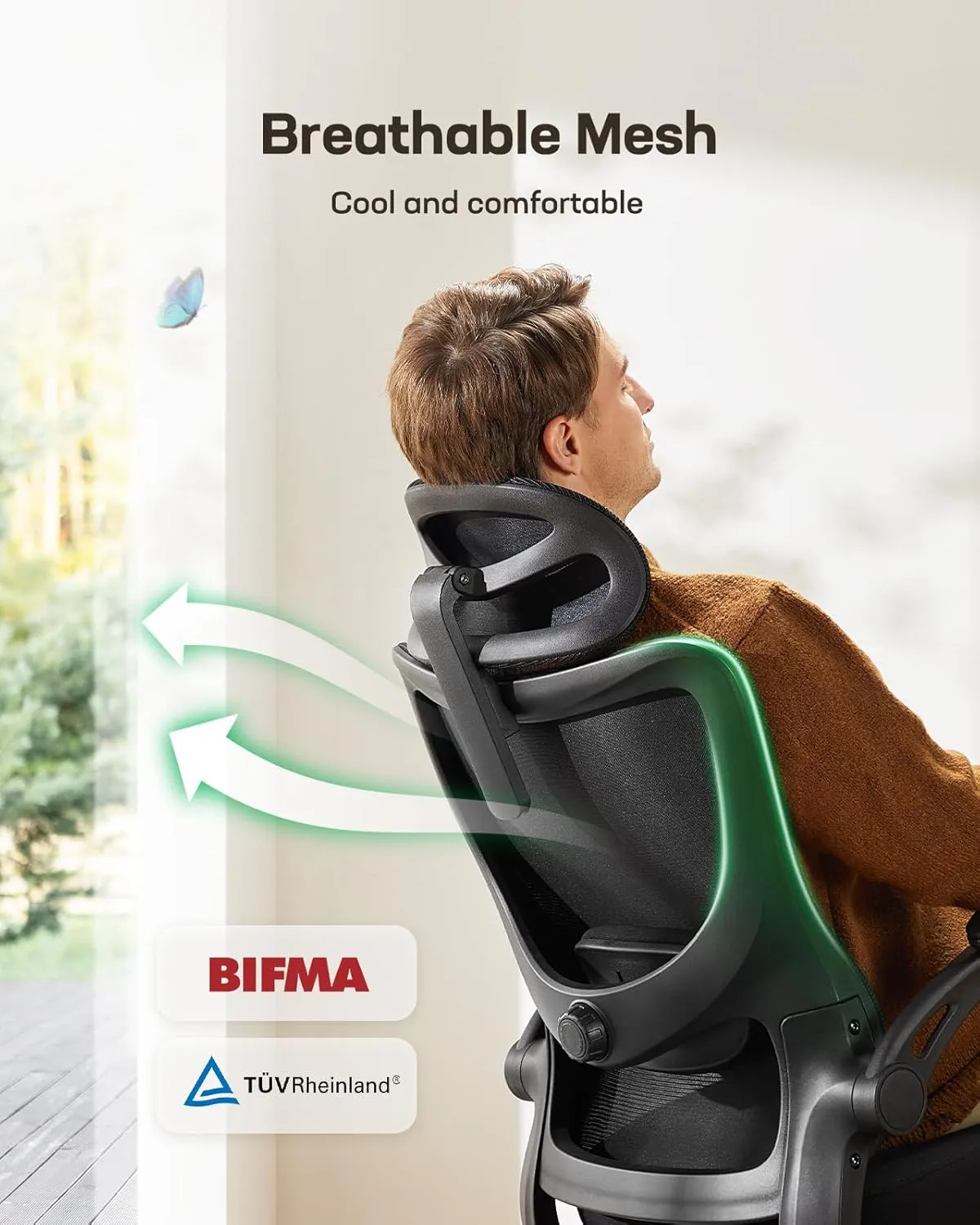 Marsail Ergonomic Office Chair with Headrest Mesh Office Computer Desk Chair with Adjustable Lumbar Support Rolling Work Swivel Task Chairs with Wheel 3D Armrests