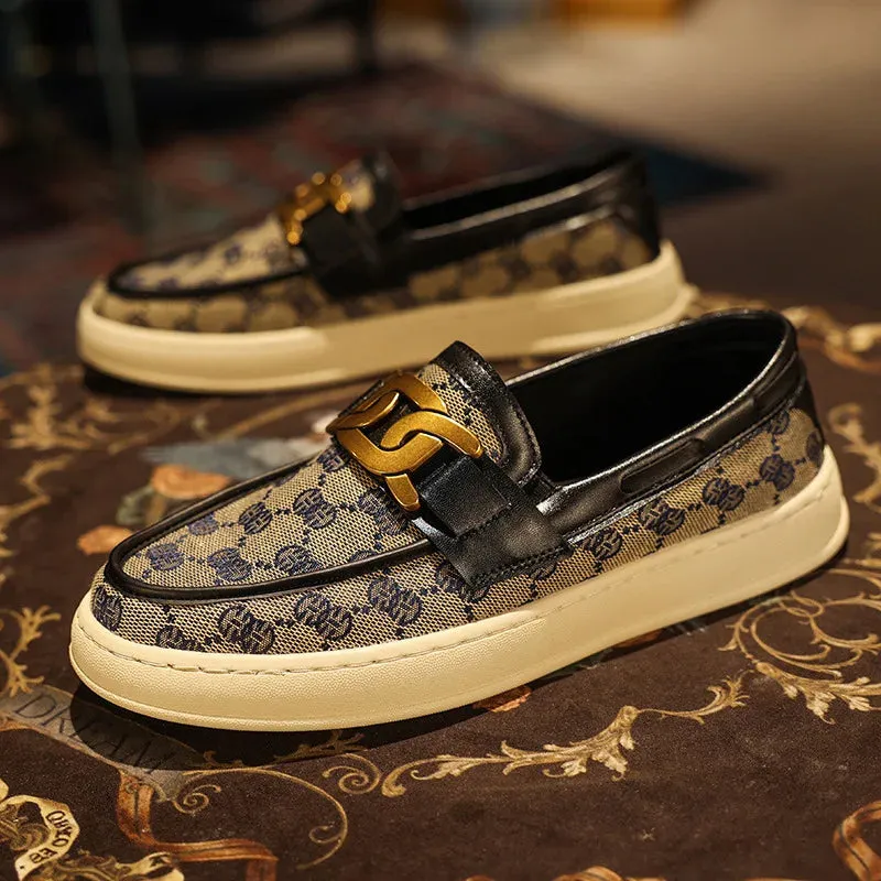 Men's Canvas Casual Slip-On Loafers with Metal Button Detail