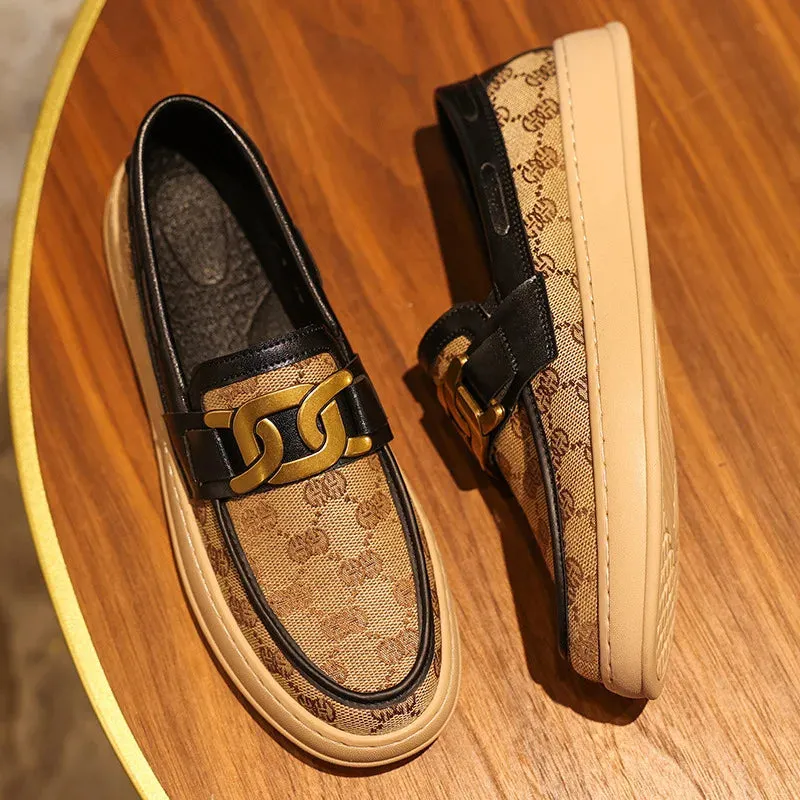 Men's Canvas Casual Slip-On Loafers with Metal Button Detail