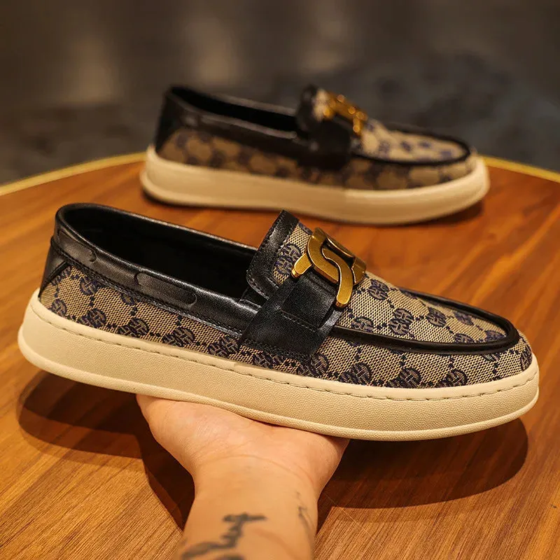 Men's Canvas Casual Slip-On Loafers with Metal Button Detail