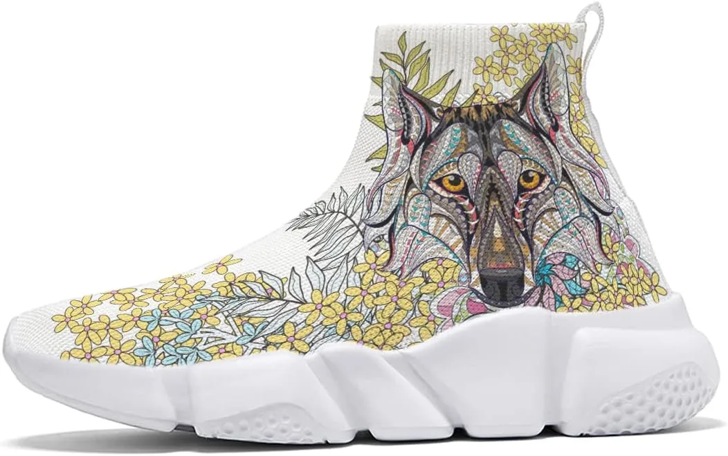 Mens Fashion Wolf Graffiti Shoes - Lightweight Breathable Walking Shoes Athletic Running Shoes Slip-on Sock Sneakers 7-15