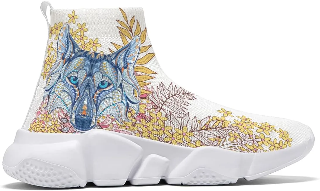 Mens Fashion Wolf Graffiti Shoes - Lightweight Breathable Walking Shoes Athletic Running Shoes Slip-on Sock Sneakers 7-15